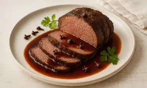 Saftiges Roastbeef mit Nelken, in Scheiben geschnitten und mit einer dunklen Sauce übergossen. Ein Genuss, um Nelken zu essen!
