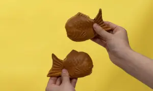 Zwei goldbraune Taiyaki-Fische, bereit zum Genießen. Dieses Taiyaki-Rezept ist ein Muss!