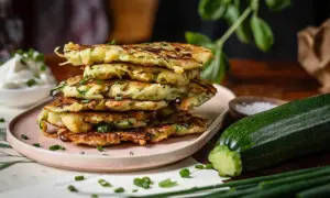 Stapel goldbrauner Zucchini-Kartoffel-Puffer, garniert mit Schnittlauch. Daneben eine Zucchini und eine Schale Salz.