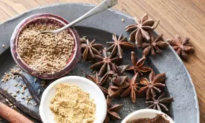 Gewürze wie Sternanis, Zimt und Vanille, bereit als Sternanis-Ersatz für ein festliches Backrezept.