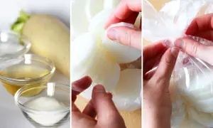 Zutaten für japanische eingelegte Radieschen: Daikon, Essig, Zucker. Scheiben werden in Beutel gegeben.