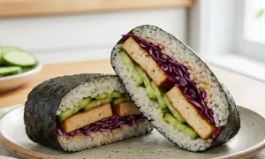 Zwei Hälften eines leckeren Sushi-Sandwichs mit Reis, Nori, Gurke, Rotkohl und Tofu.