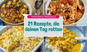 Vier appetitliche, internationale Gerichte: Gulasch mit Kartoffeln, Nudelsalat, Auflauf und Curry mit Reis. 21 Rezepte, die deinen Tag retten!
