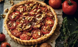 Herzhafte Tarte mit saftigen Tomaten, knackigen Walnüssen und frischen Kräutern, ein Genuss für Augen und Gaumen.