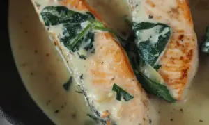 Saftiger Lachs mit Spinat in cremiger Sauce, garniert mit Tomatenstücken. Ein köstliches Gericht, das Lust auf mehr macht.