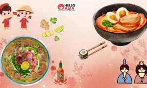 Der Unterschied zwischen Pho und Ramen: Eine Schüssel Pho mit Rindfleisch und Limette, daneben eine Schüssel Ramen mit Ei und Schweinefleisch.
