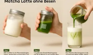 Schritte zur Zubereitung einer Matcha Latte: Milch schäumen, Matcha-Shot mixen und beides in einem Glas vereinen. So einfach ist, was ist Matcha!