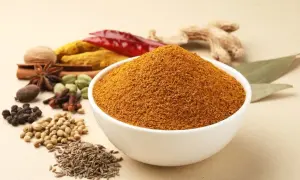 Eine Schüssel mit dem würzigen Pulver, das ist garam masala, umgeben von ganzen Gewürzen wie Zimt, Sternanis, Kardamom, Nelken, Pfeffer, Koriander, Kreuzkümmel, Ingwer und Chili.