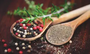 Zwei Holzlöffel mit Pfefferkörnern und gemahlenem Pfeffer. Ein Zweig Rosmarin liegt darüber. Ist Pfeffer gesund? Ja, er würzt und ist gut für dich!