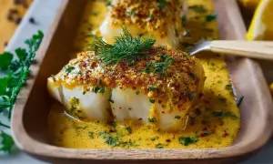 Zwei Portionen Fisch Auflauf in cremiger Sauce, garniert mit Dill und knuspriger Kruste.