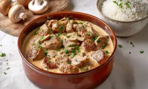 Herzhafte schweinemedaillons mit Pilzen in cremiger Sauce, garniert mit Petersilie. Daneben eine Schüssel Reis.