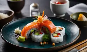 Frischer Lachs-Sushi-Roll mit Avocado und Gemüse. Was passt zu Sushi? Ingwer, Wasabi und Sojasauce.