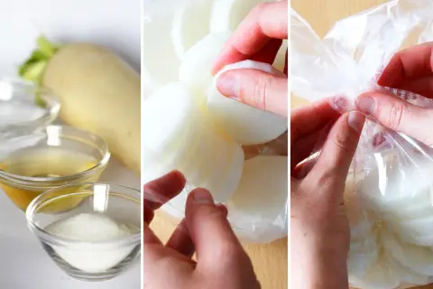 Zutaten für japanische eingelegte Radieschen: Daikon, Essig, Zucker. Scheiben werden in Beutel gegeben.