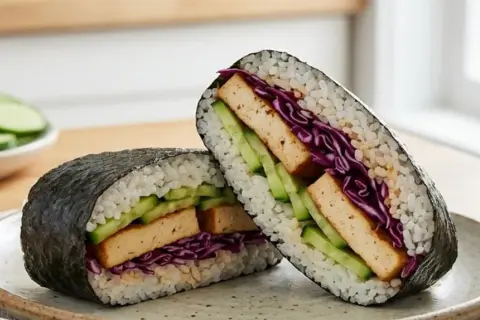 Zwei Hälften eines leckeren Sushi-Sandwichs mit Reis, Nori, Gurke, Rotkohl und Tofu.