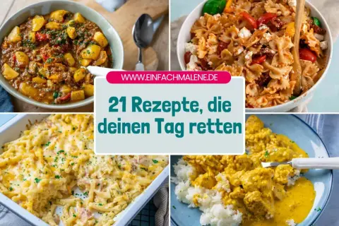 Vier appetitliche, internationale Gerichte: Gulasch mit Kartoffeln, Nudelsalat, Auflauf und Curry mit Reis. 21 Rezepte, die deinen Tag retten!