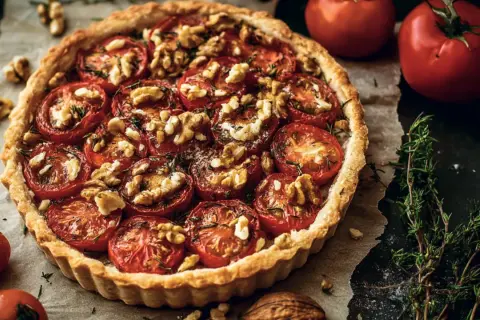 Herzhafte Tarte mit saftigen Tomaten, knackigen Walnüssen und frischen Kräutern, ein Genuss für Augen und Gaumen.