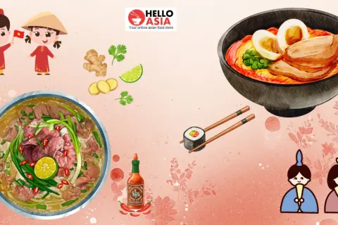 Der Unterschied zwischen Pho und Ramen: Eine Schüssel Pho mit Rindfleisch und Limette, daneben eine Schüssel Ramen mit Ei und Schweinefleisch.