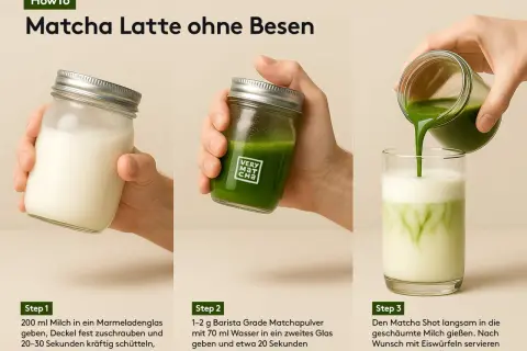 Schritte zur Zubereitung einer Matcha Latte: Milch schäumen, Matcha-Shot mixen und beides in einem Glas vereinen. So einfach ist, was ist Matcha!