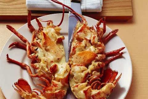 Zwei Hälften Hummer Thermidor, überbacken mit cremiger Sauce und Gewürzen, auf einem Teller angerichtet.
