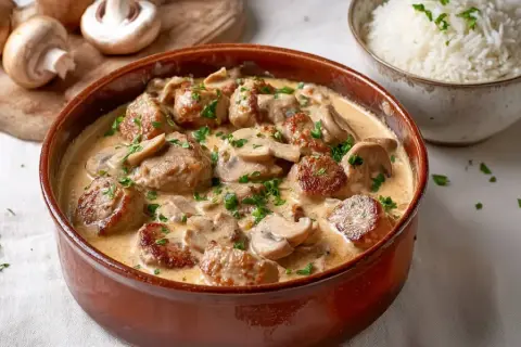 Herzhafte schweinemedaillons mit Pilzen in cremiger Sauce, garniert mit Petersilie. Daneben eine Schüssel Reis.