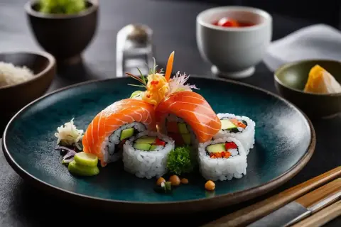 Frischer Lachs-Sushi-Roll mit Avocado und Gemüse. Was passt zu Sushi? Ingwer, Wasabi und Sojasauce.