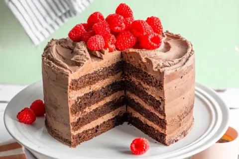 Saftige Mokkatorte mit Buttercreme, dekoriert mit frischen Himbeeren. Ein Stück ist herausgeschnitten, um die vielen Schichten zu zeigen.