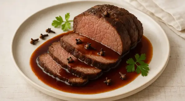 Saftiges Roastbeef mit Nelken, in Scheiben geschnitten und mit einer dunklen Sauce übergossen. Ein Genuss, um Nelken zu essen!