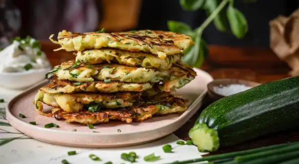 Stapel goldbrauner Zucchini-Kartoffel-Puffer, garniert mit Schnittlauch. Daneben eine Zucchini und eine Schale Salz.