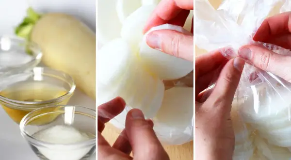 Zutaten für japanische eingelegte Radieschen: Daikon, Essig, Zucker. Scheiben werden in Beutel gegeben.