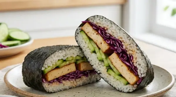 Zwei Hälften eines leckeren Sushi-Sandwichs mit Reis, Nori, Gurke, Rotkohl und Tofu.