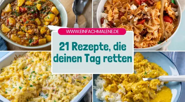 Vier appetitliche, internationale Gerichte: Gulasch mit Kartoffeln, Nudelsalat, Auflauf und Curry mit Reis. 21 Rezepte, die deinen Tag retten!