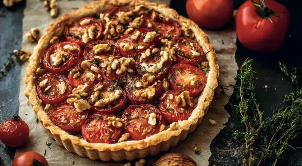 Herzhafte Tarte mit saftigen Tomaten, knackigen Walnüssen und frischen Kräutern, ein Genuss für Augen und Gaumen.