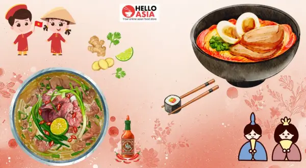 Der Unterschied zwischen Pho und Ramen: Eine Schüssel Pho mit Rindfleisch und Limette, daneben eine Schüssel Ramen mit Ei und Schweinefleisch.