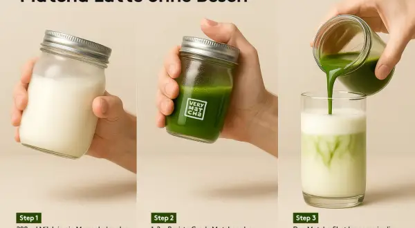 Schritte zur Zubereitung einer Matcha Latte: Milch schäumen, Matcha-Shot mixen und beides in einem Glas vereinen. So einfach ist, was ist Matcha!