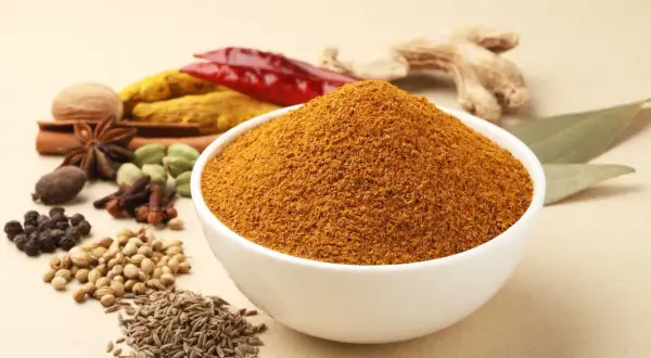 Eine Schüssel mit dem würzigen Pulver, das ist garam masala, umgeben von ganzen Gewürzen wie Zimt, Sternanis, Kardamom, Nelken, Pfeffer, Koriander, Kreuzkümmel, Ingwer und Chili.