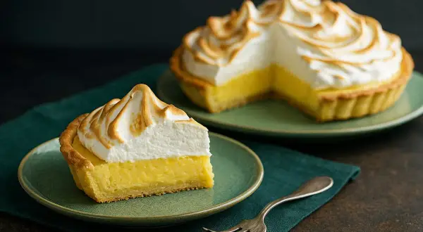 Ein Stück Tarte au Citron mit gebackener Baiserhaube auf einem Teller, daneben eine ganze Tarte.