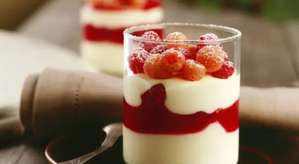 Zwei Gläser mit Schichten von Mousse au Chocolat Blanc, Himbeersauce und frischen Himbeeren, bestäubt mit Puderzucker.