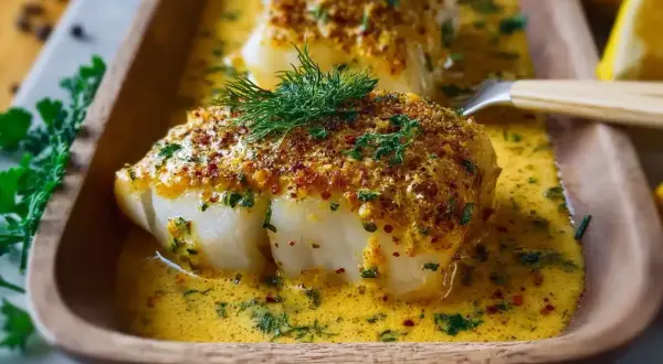 Zwei Portionen Fisch Auflauf in cremiger Sauce, garniert mit Dill und knuspriger Kruste.