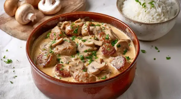 Herzhafte schweinemedaillons mit Pilzen in cremiger Sauce, garniert mit Petersilie. Daneben eine Schüssel Reis.