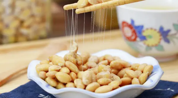 Natto mit Stäbchen wird hochgezogen, Fäden ziehen sich. So einfach kann natto selber machen sein!