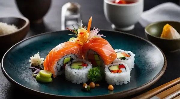 Frischer Lachs-Sushi-Roll mit Avocado und Gemüse. Was passt zu Sushi? Ingwer, Wasabi und Sojasauce.