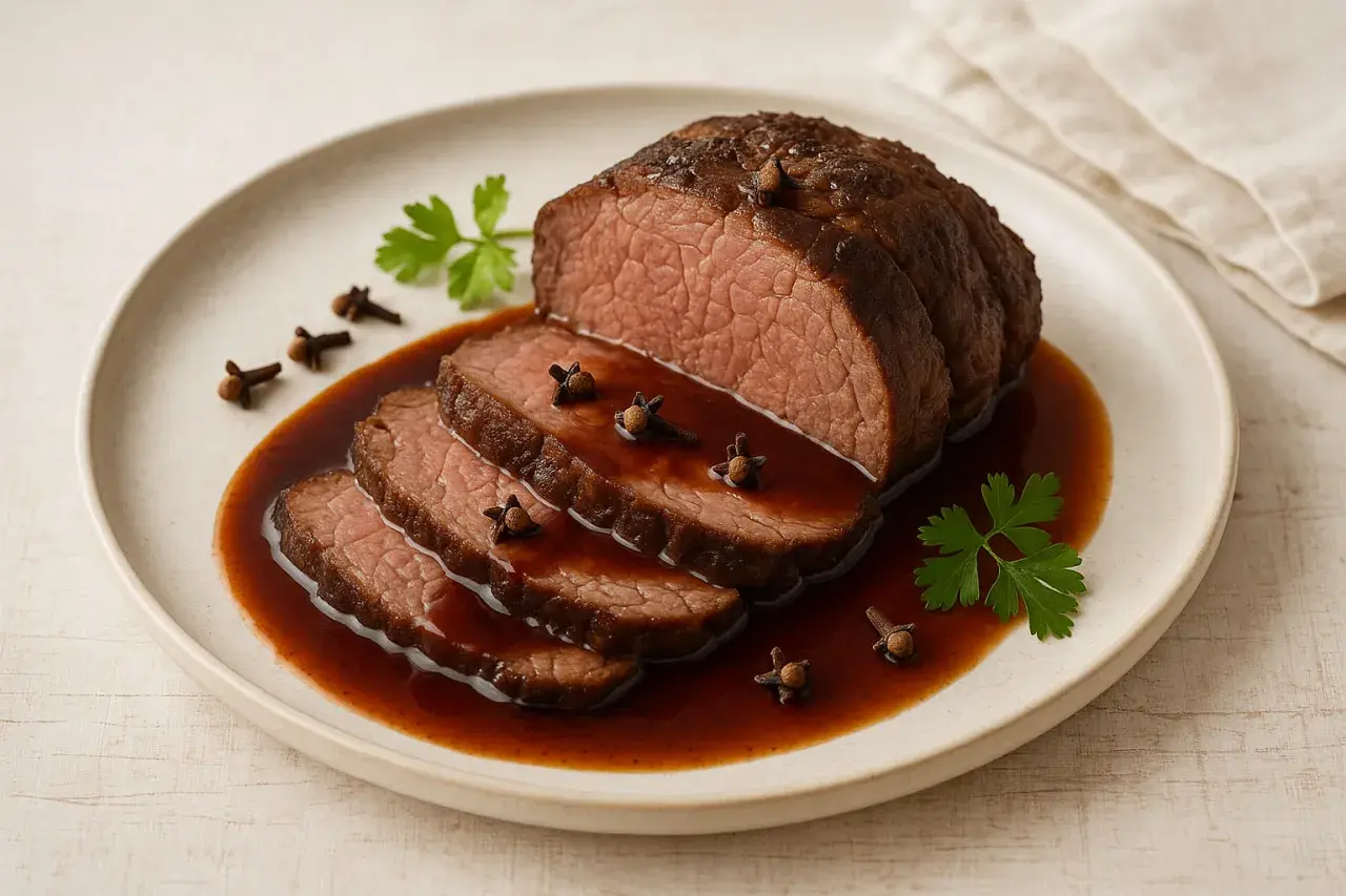 Saftiges Roastbeef mit Nelken, in Scheiben geschnitten und mit einer dunklen Sauce übergossen. Ein Genuss, um Nelken zu essen!