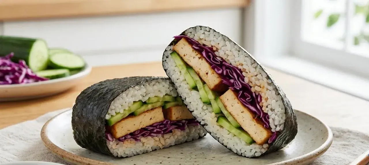 Zwei Hälften eines leckeren Sushi-Sandwichs mit Reis, Nori, Gurke, Rotkohl und Tofu.