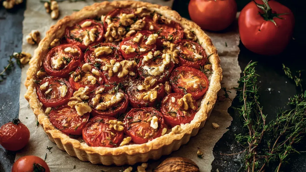 Herzhafte Tarte mit saftigen Tomaten, knackigen Walnüssen und frischen Kräutern, ein Genuss für Augen und Gaumen.