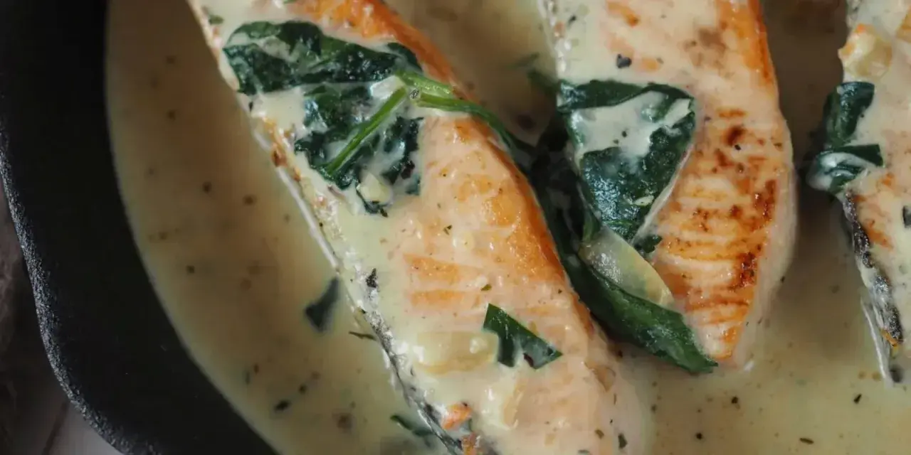 Saftiger Lachs mit Spinat in cremiger Sauce, garniert mit Tomatenstücken. Ein köstliches Gericht, das Lust auf mehr macht.
