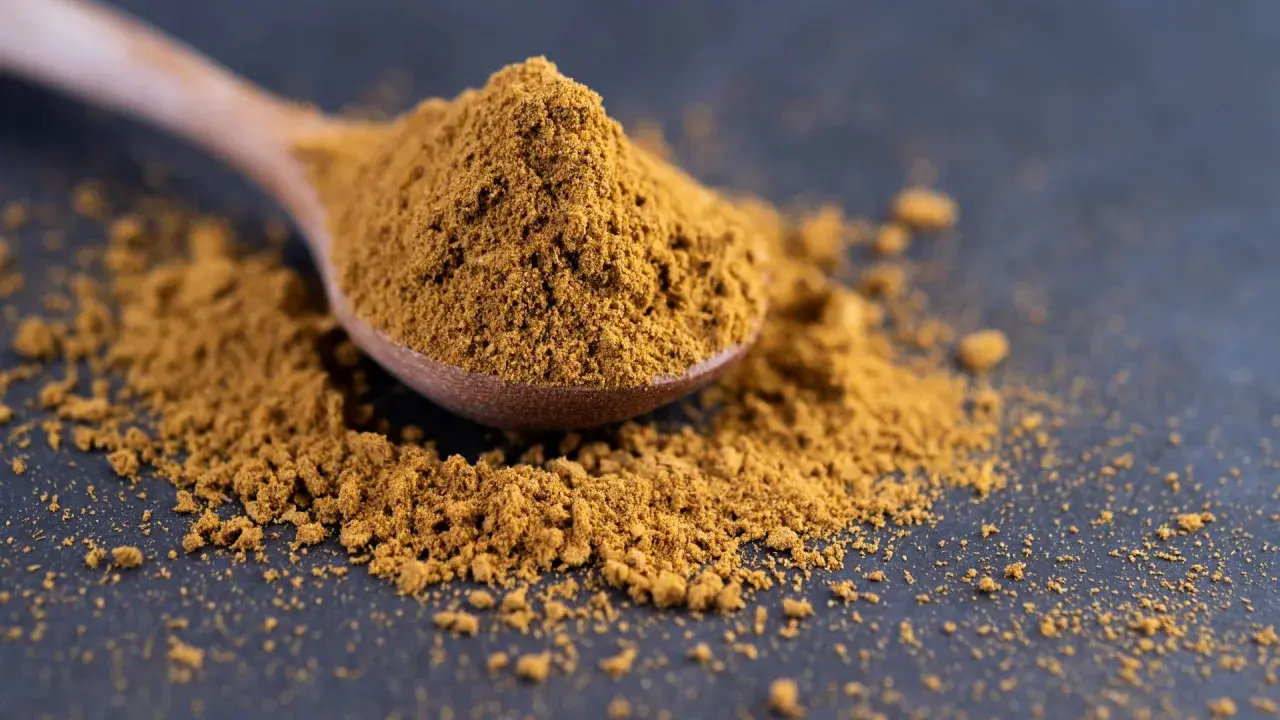Ein Holzlöffel voller würzigem ras el hanout, das auf dunklem Untergrund verstreut liegt.