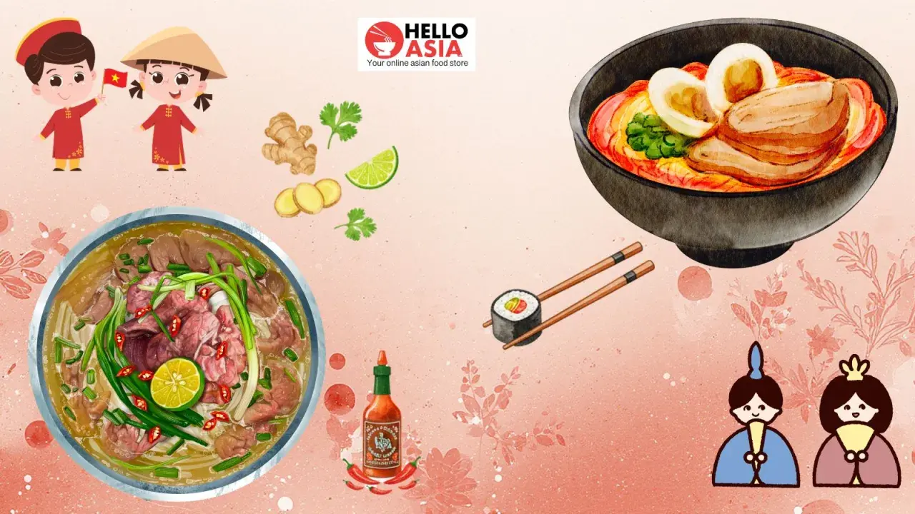 Der Unterschied zwischen Pho und Ramen: Eine Schüssel Pho mit Rindfleisch und Limette, daneben eine Schüssel Ramen mit Ei und Schweinefleisch.
