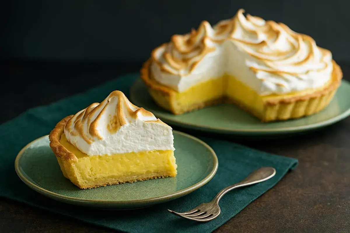 Ein Stück Tarte au Citron mit gebackener Baiserhaube auf einem Teller, daneben eine ganze Tarte.