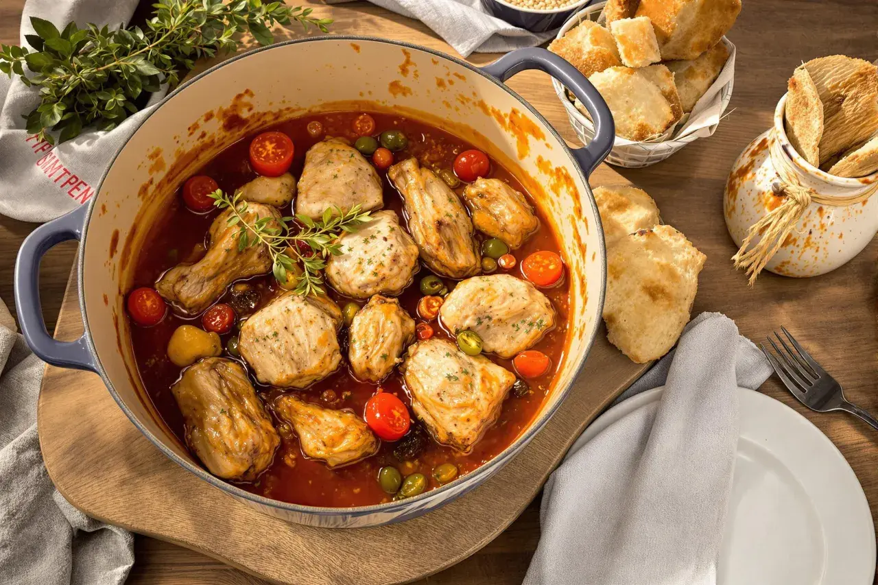 Herzhaftes Poulet Basquaise in einem Topf, mit Tomaten, Oliven und Kräutern, serviert mit Brot.