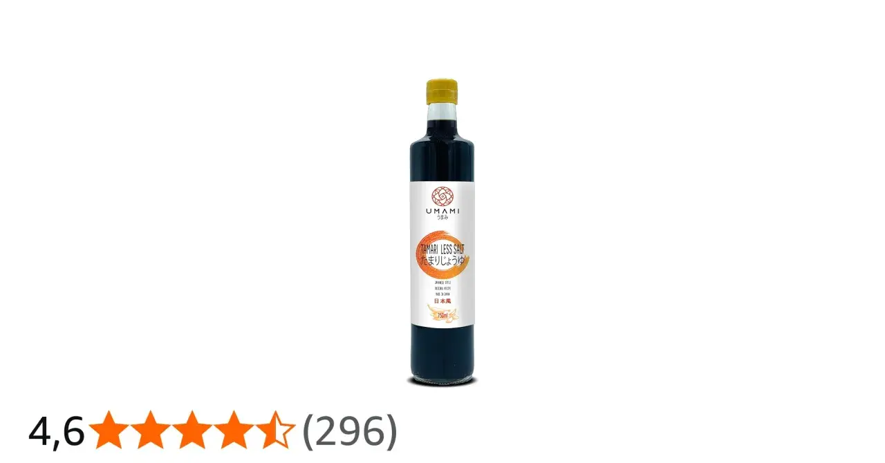 Flasche Umami Tamari Less Salt, eine japanische Sojasauce, die weniger Salz enthält.